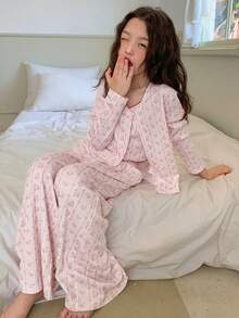 DAZY 少女碎花叠穿上衣、开衫和裤子休闲家居服套装 - 淺粉色 - 查看 7