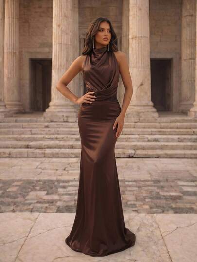 Aureia Elegant And Luxurious Dark Coffee Beaded Embroidery Patchwork Elastic Satin Stand Collar Ruffle Bridesmaid Dress