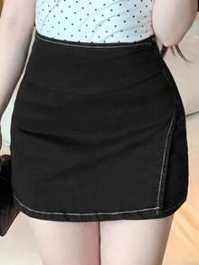Dazy Plus Stretchy Bodycon Side Slit Denim Mini Skirt, Sexy & Versatile, Plus Size, Spring/Summer - Black - View 8