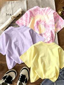 3件組 青少年女孩可愛夏季校園風 圖案卡通臉圓領短袖休閒上衣 - 彩色 - 查看 2