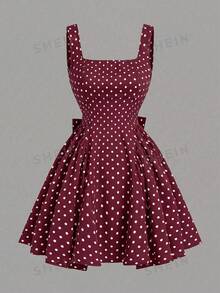 Sweetra Cute & Sweet Spaghetti Strap Bow Tie Polka Dot Mini Dress - Burgundy - View 2