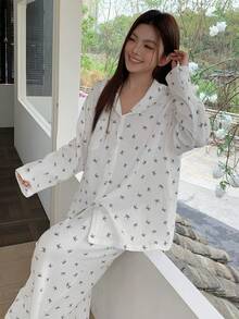 Dazy Plus Heart Print Loose Long Sleeve Top And Long Pants Pajama Set, Plus Size Women Spring/Autumn Sleepwear - White - View 5