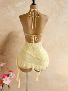 Soleia Women's Fashion Versatile Lace Ribbon Ruffle Hem Halter Neck Tie Dress,Dresses For Women Summer - Khaki - View 2
