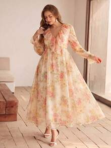 Roveilla Plus Size Knit Printed Mesh Ruffle Collar Cinched Waist Petal Sleeve A-Line Dress - Apricot - View 1