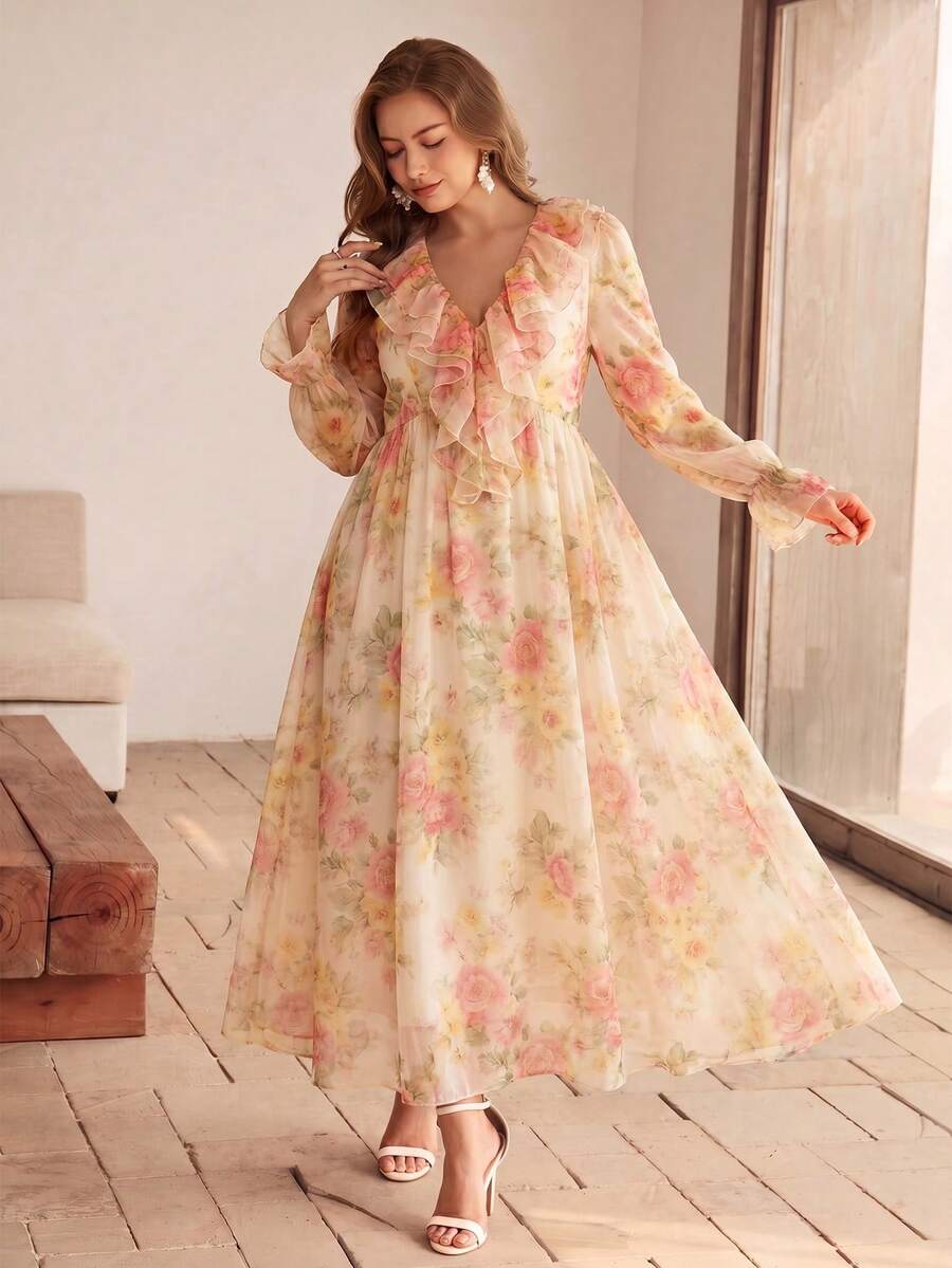 Roveilla Plus Size Knit Printed Mesh Ruffle Collar Cinched Waist Petal Sleeve A-Line Dress - Apricot - View 1