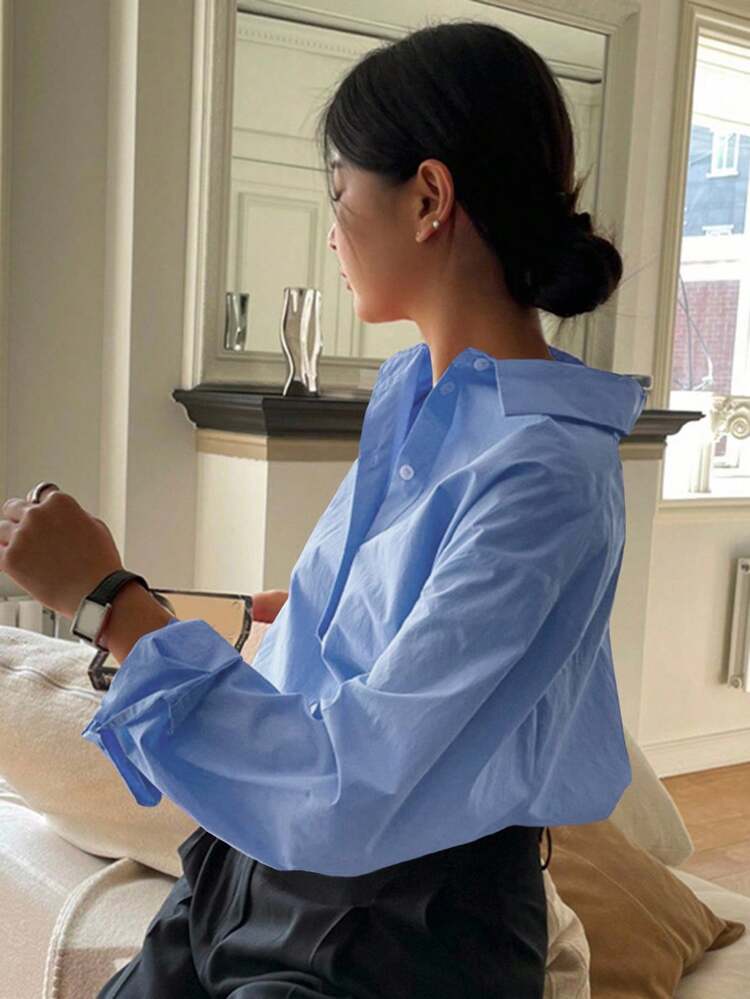 Women's Casual Everyday Office Commute Minimalist Solid Color Long Sleeve Loose Blouse, Suitable For Spring And Autumn