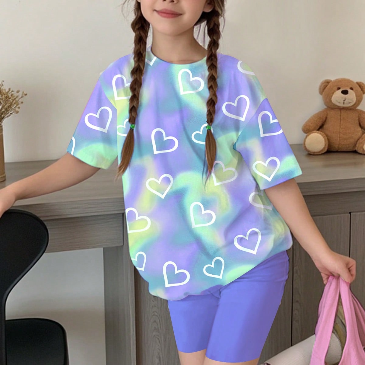2pcs/Set Tween Girl Casual Tie-Dye Tie Dye Heart Pattern Short Sleeve T-Shirt And Shorts Set, Suitable For Summer
