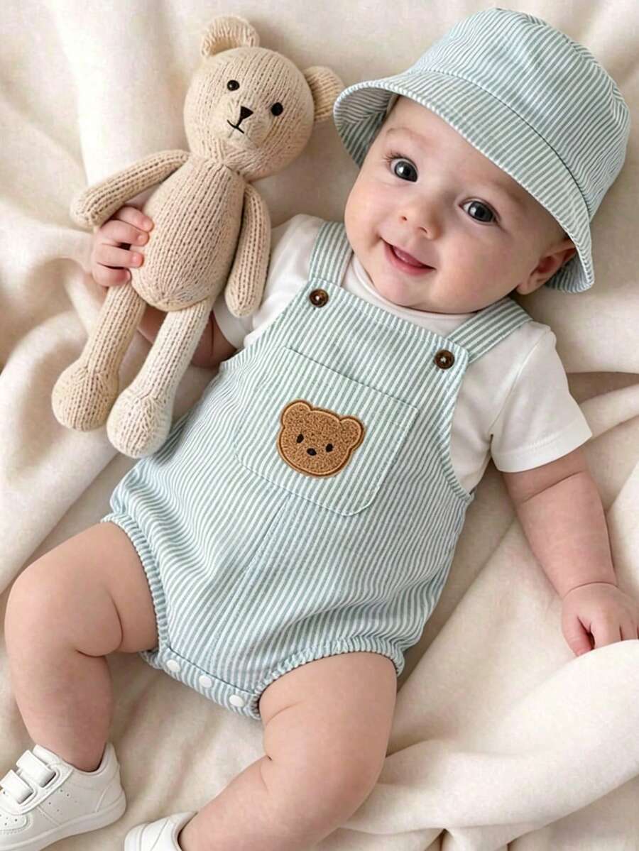 SHEIN Playful Pals 新生兒3件套可愛休閒夏季白色短袖T恤藍色條紋露背連身裙附帽子熊圖章度假套裝 - 綠色 - 查看 1