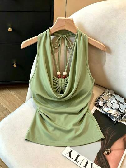 SHEIN LUNE Women's Solid Color Ruched Halter Casual Versatile Daily Wear Top
