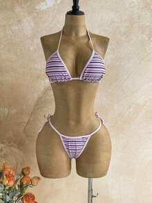 Soleia Bộ bikini tam giác dệt kim kẻ sọc mới kèm áo khoác ngoài - Nhiều màu - Xem 8
