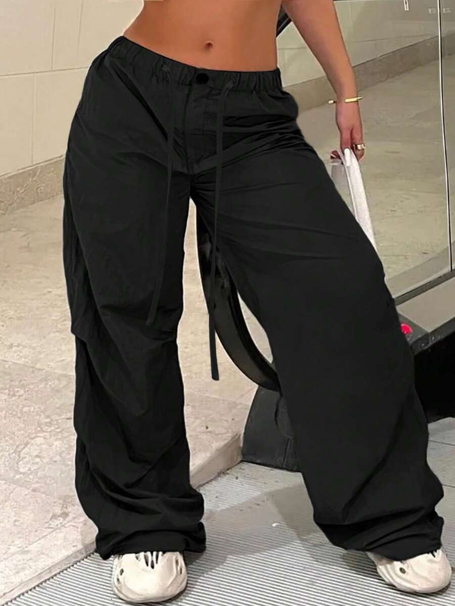 SHEIN EZwear 大码休闲直筒工装裤,适合夏季 - 黑色 - 查看 1