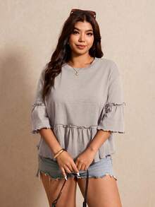 Elaquor Plus Size Solid Color Loose Patchwork Ruffle Trim Round Neck T-Shirt - Beige - View 8