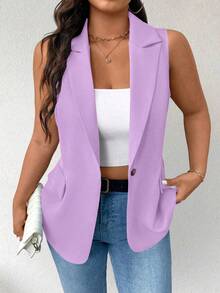 EMERY ROSE Blazer Tanpa Lengan Minimalis Kasual Tipis untuk Wanita Ukuran Plus - Purple - View 5