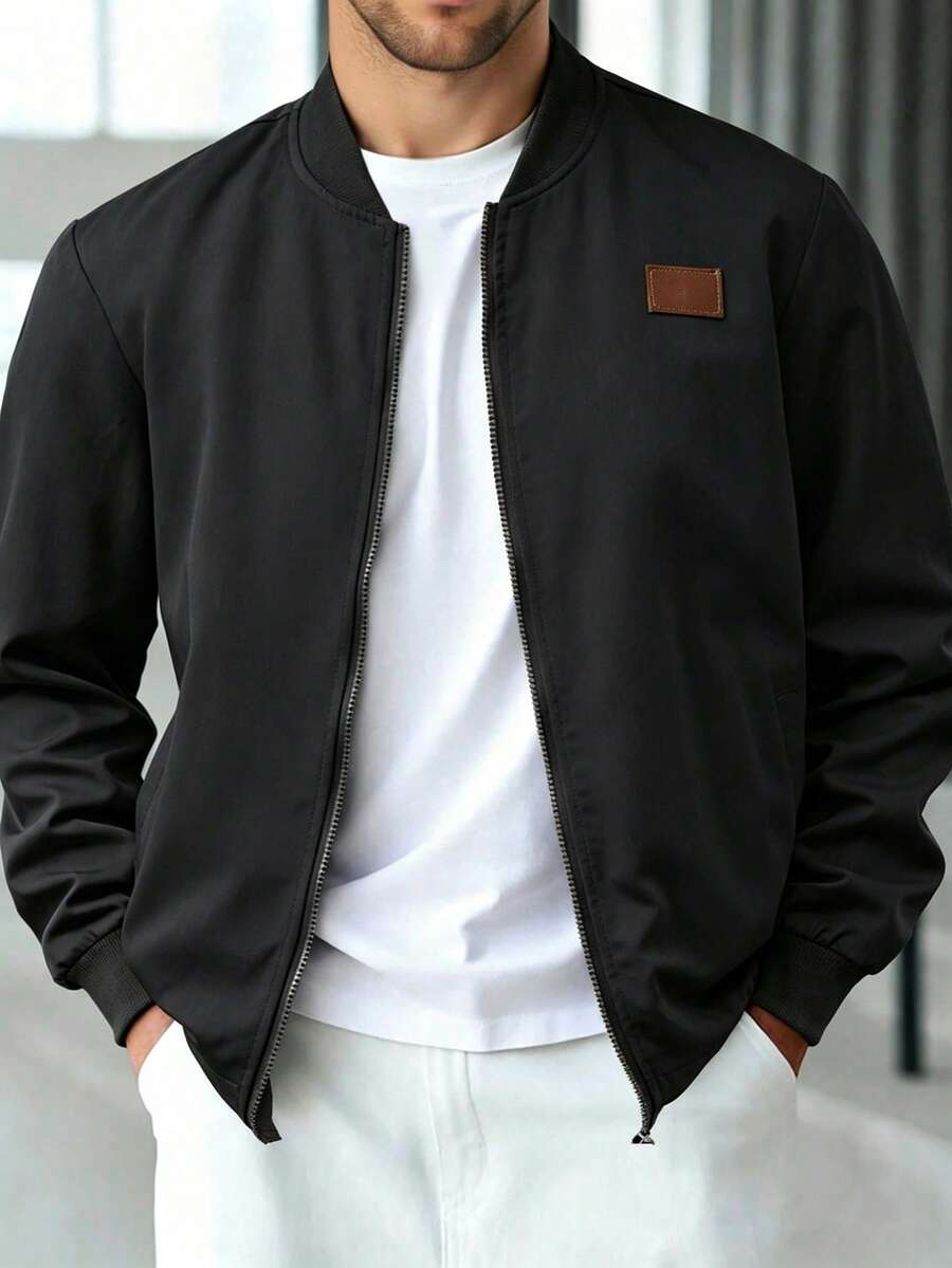 Manfinity Homme Men's Zip-Up Collar Casual Baseball Jacket With Embroidery Design, Long Sleeve - Black - View 1
