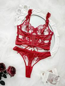 SHEIN 2pcs Sexy Sheer Embroidered Lingerie Set - Burgundy - View 2
