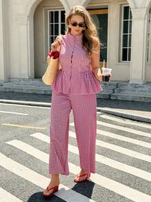 Easura Conjunto informal de 2 piezas de blusa y pantalón de talla grande con estampado de cuadros - Rosa - Ver 6