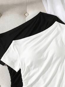 SHEIN Clasi قميص تي شيرت نسائي أنيق بلون أحادي مجعد بتصميم غير متماثل وبفتة رفيعة، صيفي - أبيض وأسود - مشاهدة 8