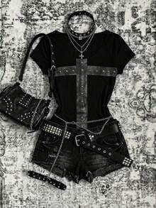 EgrlEra Women's Retro Dark Punk Style Rivet Decor Graphic Print T-Shirt - Black - View 3