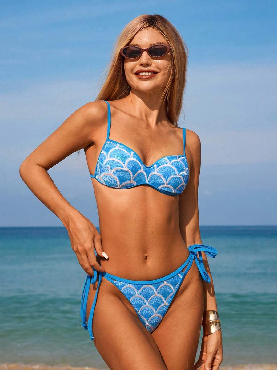 SHEIN Swim 女款夏季海灘度假貝殼亮片掛脖繫帶熱帶比基尼泳衣套裝 假期藍 - 藍色 - 查看 1