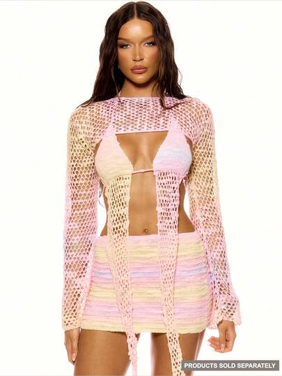 MUSERA Ombre Multicolour Pastel Crochet Knitted Long Sleeve Bolero With Draped Long Triangle Style Bralet Top 2 Piece Set Multipack Coord Top Only Sexy Girly Summer Spring Ibiza Going Out Holiday Vacation Festival Fantasy