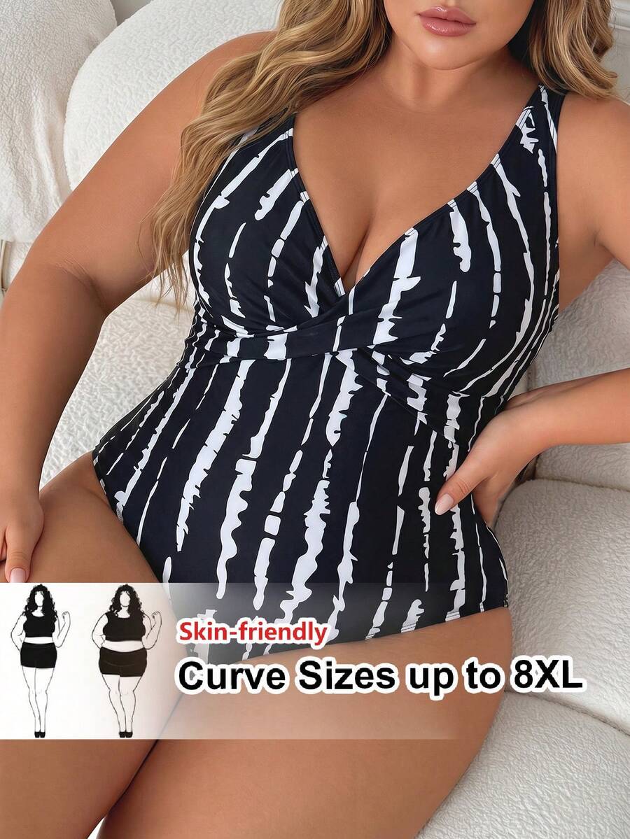 SHEIN CURVE+ 2026 New Plus Size Women's One-Piece Black & White Striped Halter Swimsuit, Casual Minimalist Design For Summer Beach Vacation - Black and White - View 1
