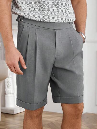 Core Aspect Men's Solid Color Pleated Pocket Casual Versatile Daily Wear Shorts/Men's Pleated Dress Shorts With Buckle Adjuster/Stylish Men's Casual Dress Shorts With Side Adjusters For Summer/Men's Dress Trousers