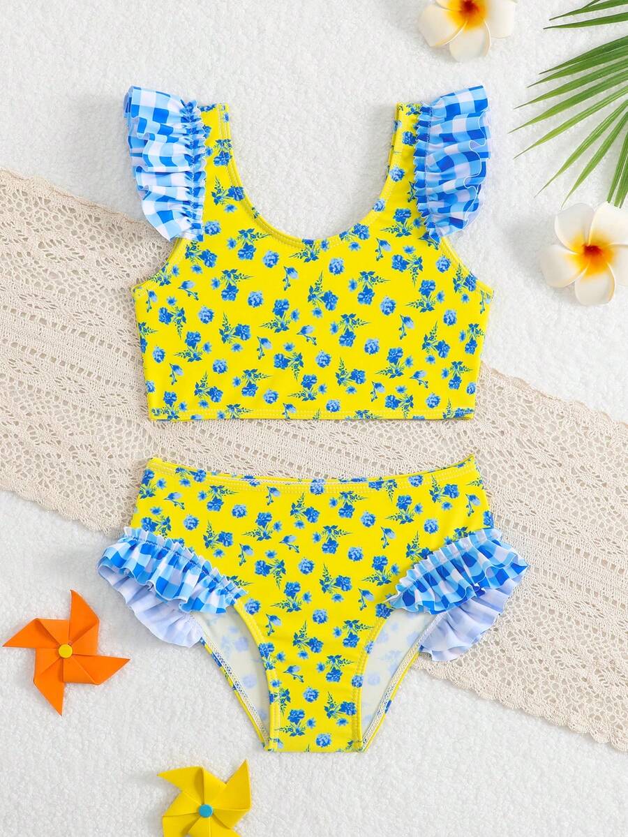 SHEIN 少女格紋與碎花泳衣套裝 - 黃色 - 查看 1