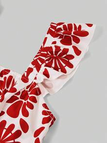 Gownix Damen romantisches, elegantes 2-teiliges Urlaubsset: Top mit Blume Muster und Flügelärmel und geraffter Midi-Rock, geeignet für den Sommer - Rot-Weiß - Übersicht 4