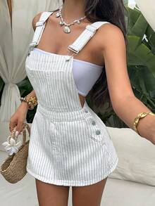 Sunnyshic Đầm denim bạc màu in sọc thời trang dành cho nữ, thích hợp cho mùa hè. - trắng - Xem 1