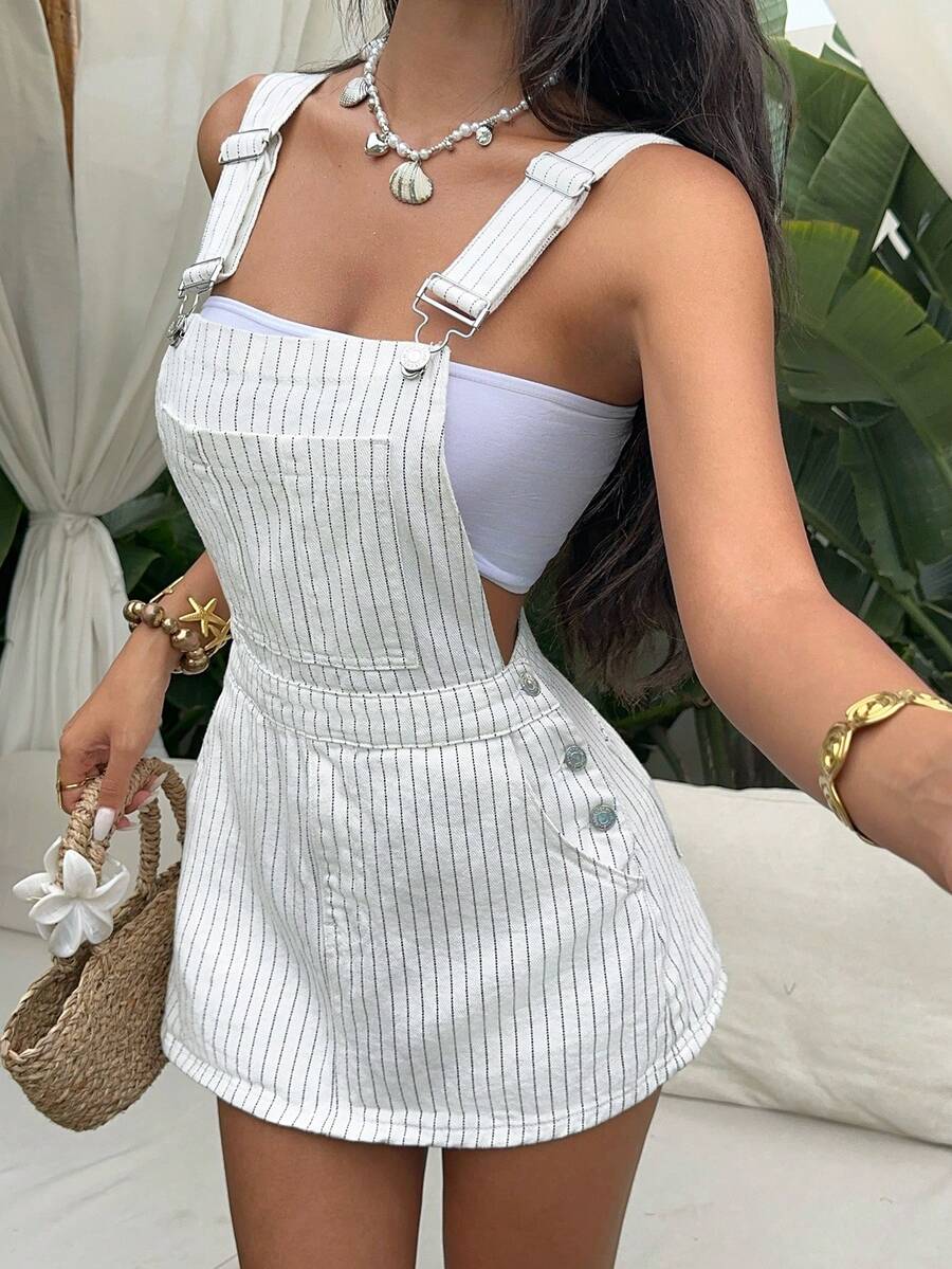 Sunnyshic Đầm denim bạc màu in sọc thời trang dành cho nữ, thích hợp cho mùa hè. - trắng - Xem 1