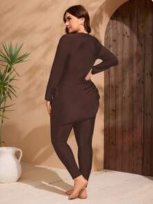 Swim Mulvari Plus Size Women 2pcs Solid Color Modest Middle East Style Long Sleeve & Long Pants Swimwear Set - Coffee Brown - View 2