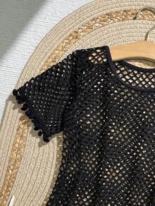 SHEIN Plus Size Girls' Mesh Short Sleeve Coverup - Black - View 3