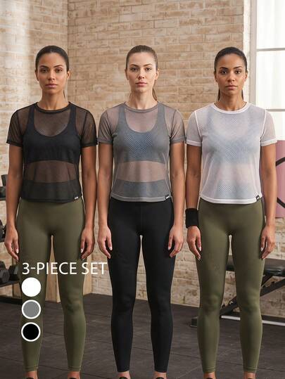 Powerista Women's Solid Color 3-PCS Round Neck Short Sleeve Casual Fitness Sports T-Shirt
