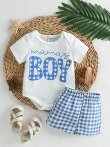 SHEIN Playful Pals 嬰幼兒男童/女童 0-3 歲夏季休閒可愛藍白條紋 Mom's Boy 標語包屁衣格紋短褲套裝 親子款寬鬆 - 藍色 - 查看 7