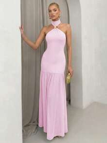 xheSHEIN Glamour Vestido elegante con cuello halter vintage para resaltar los hombros y el cuello, diseño sin espalda que destaca la belleza de la espalda, silueta de parte superior ajustada + falda plisada de cintura alta, tela elástica de la parte superior que se ajusta cómodamente a la figura, material plisado y liviano de la falda con excelente caída y fluidez para un movimiento dinámico, vestido formal largo para mujeres adecuado para galas, banquetes, alfombras rojas, citas y talla grandexhe - Rosa - Ver 5