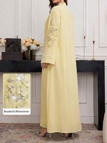 Al Najma Beaded Collar Floral Decor Contrast Trim Notched Neck Long Sleeve Dress - Yellow - View 5
