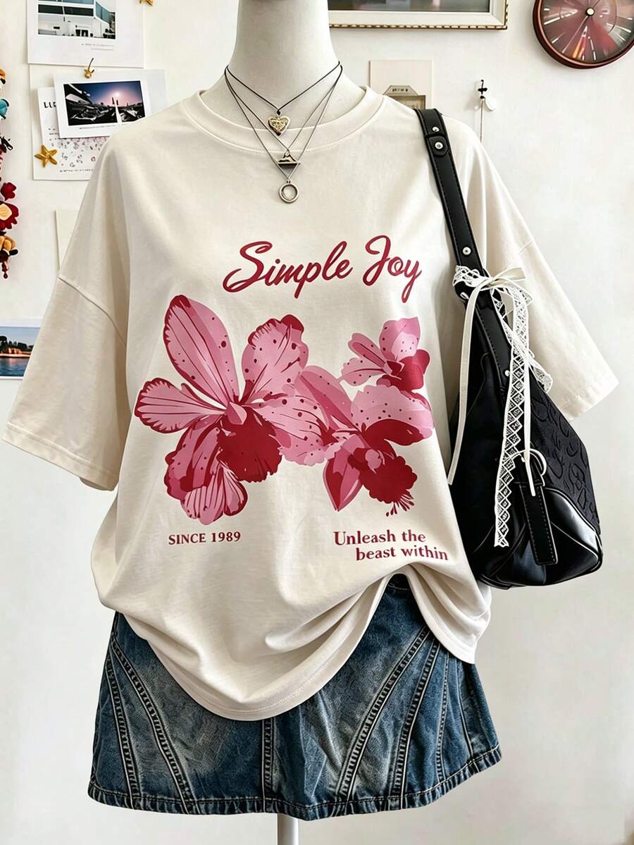Lalippa 女士字母花卉印花圆领休闲百搭日常短袖T恤 - 彩色 - 查看 1