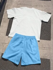 Manfinity EMRG 白色涂鸦卡通印花短袖T恤+浅蓝色“摇滚明星”字母印花短裤套装，哥特街头风两件套，美式复古夏季休闲套装，欧美涂鸦卡通印花T恤+字母短裤宽松两件套，适合音乐节/度假/日常穿着 - 彩色 - 查看 2