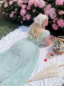Lyrianda Vestido de manga de volantes de doble capa con encaje verde menta, cinturón favorecedorr, vestido largo de estilo princesa elegante para la playa, graduación, diseño estilizador - verde menta - Ver 6
