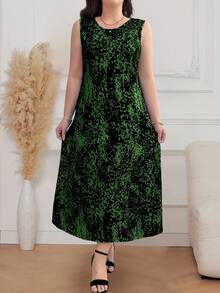 EMERY ROSE Plus Size Allover Print Sleeveless Round Neck Summer Dress For New Year Clothes Maxi Women Outfit - Green - View 4