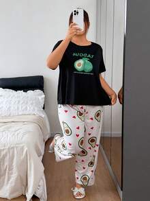 Dream Adore Plus Size Gray Milk Silk Knit Koala Print Short Sleeve Pajama Set - Black - View 2