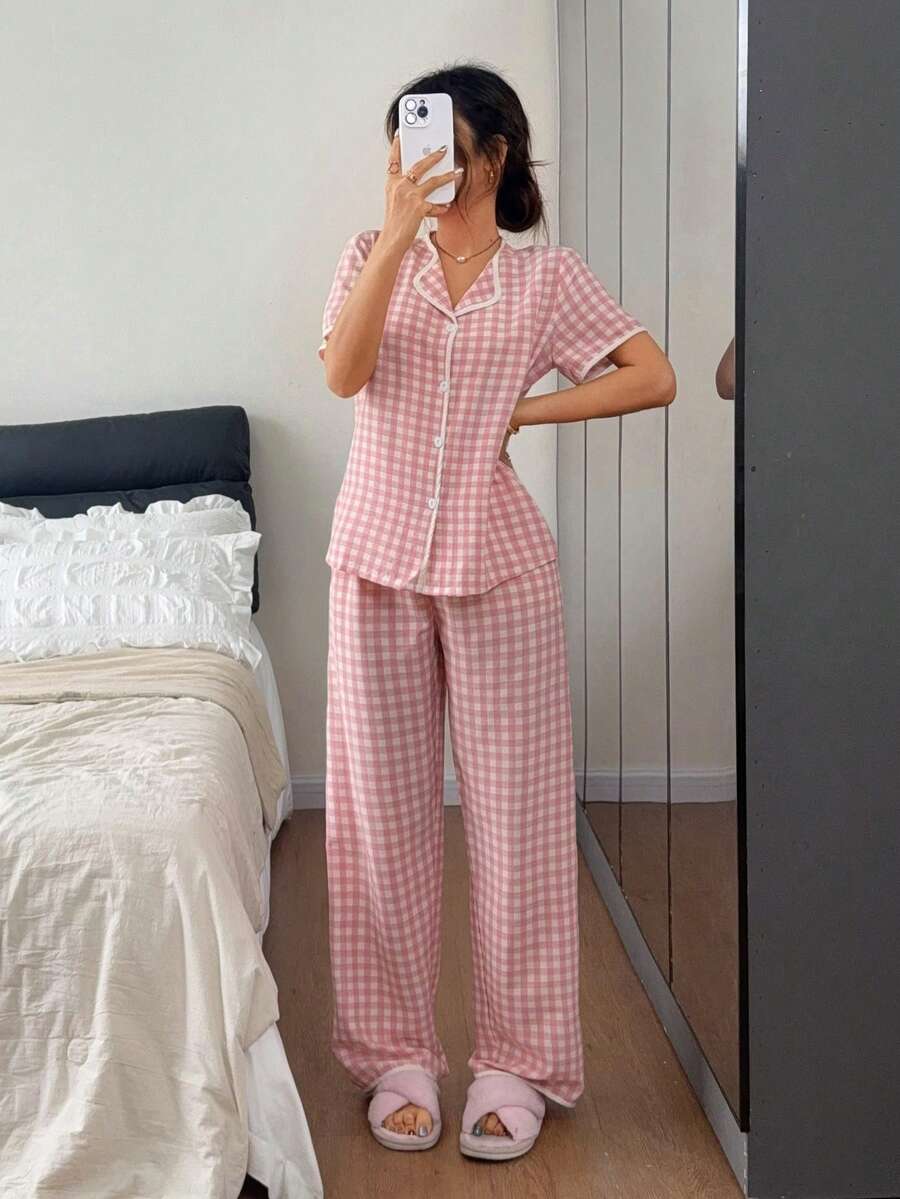Napfluff 2pcs Pink Plaid Print Shirt & Pants Women Pajama Set - Pink - View 1