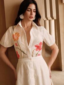 Anewsta Women's Elegant Vacation & Date Textured Digital Printing 3/4 Sleeve Blouse, Suitable For Spring, Summer, Autumn - Apricot - View 5