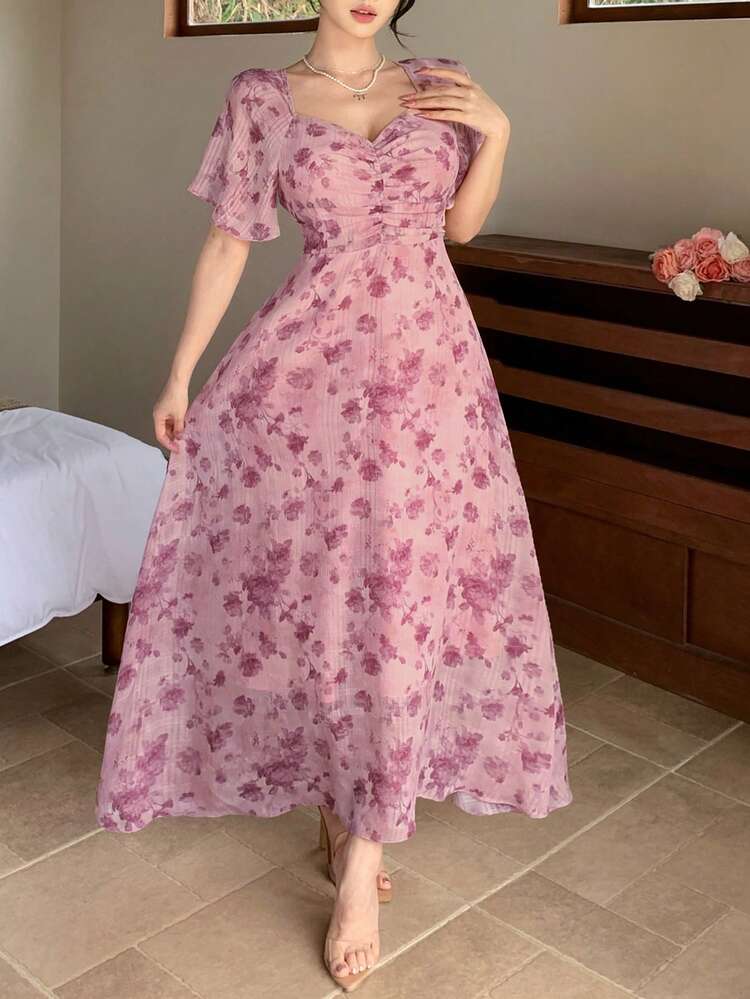 Elegant Ditsy Floral Slim Fit Dress, Suitable For Spring & Summer