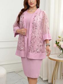 Reflora 2pcs Plus Size Sequin Embroidery Mesh Patchwork Jacket And Dress Set - Pink - View 7
