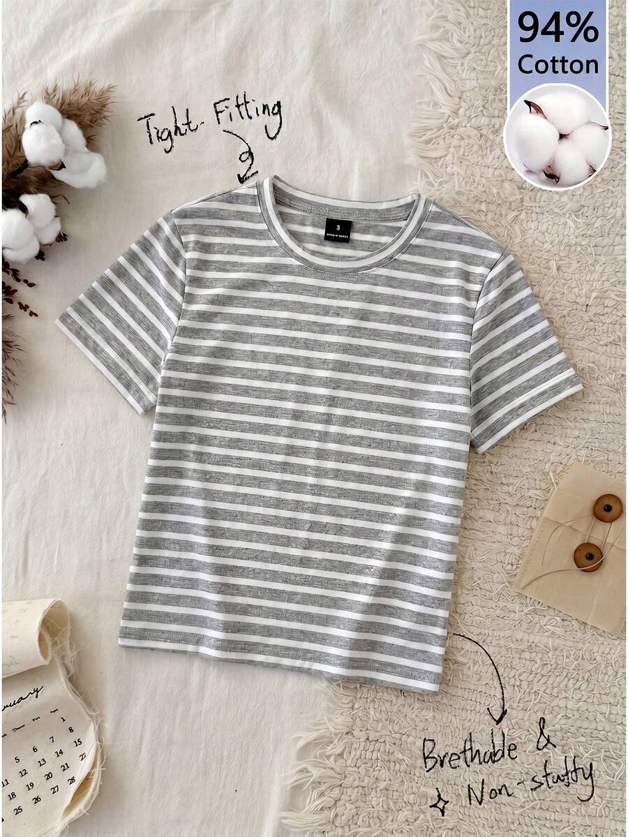 Tseoso 94% Cotton Casual Minimalist Style Gray & White Striped Cropped Fitted T-Shirt, Versatile For Spring/Summer,Summer Top - Grey - View 1