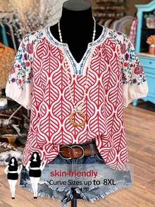 SHEIN CURVE+ Plus Size Floral Print Ruffle Trim Allover Print Loose Short Sleeve Shirt - Red - View 1