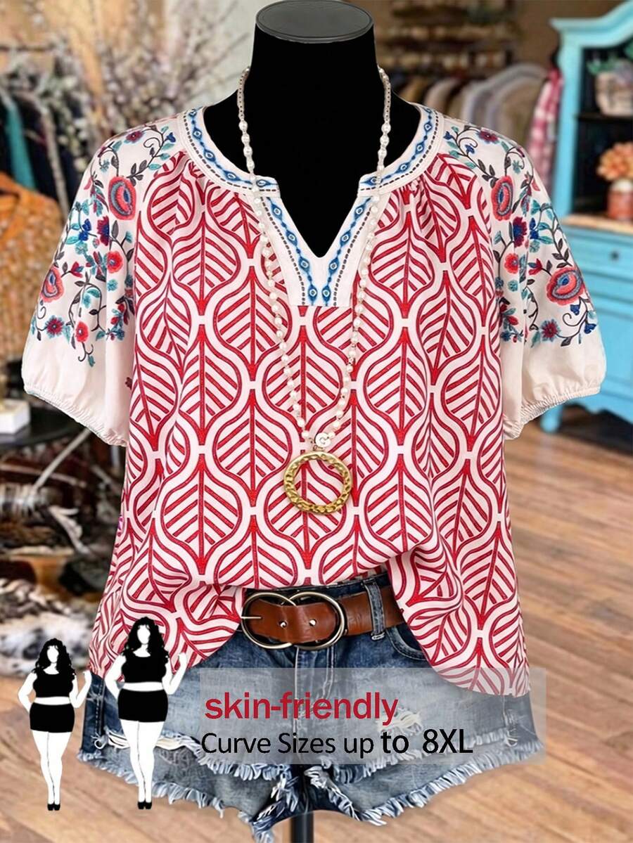 SHEIN CURVE+ Plus Size Floral Print Ruffle Trim Allover Print Loose Short Sleeve Shirt - Red - View 1