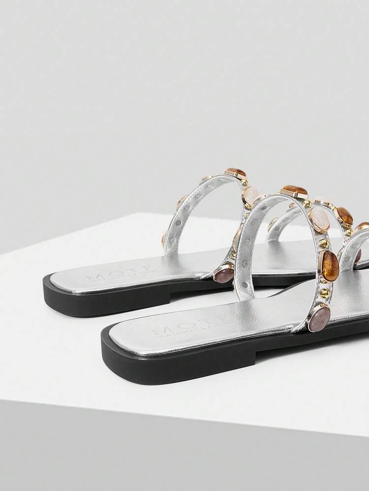 SPRING AND SUMMER NEW OUTDOOR WOMEN'S FLAT BOTTOM SQUARE TOE RHINESTONE SIMPLE SLIPPERS WOMEN'S THICK BOTTOM NON-SLIP OPEN-TOED CASUAL VERSATILE BEACH SLIPPERS SPRING SHOES