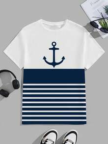 VIVINTIMO Men's Navy Style Anchor Print Patchwork Striped Short Sleeve T-Shirt, Classic Navy Style Anchor T-Shirt, Refreshing Color Block Striped Design, Showcasing Summer Vitality And Youthful Vibe - White - View 2